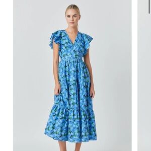 NWT English Factory blue floral printed open back maxi dress